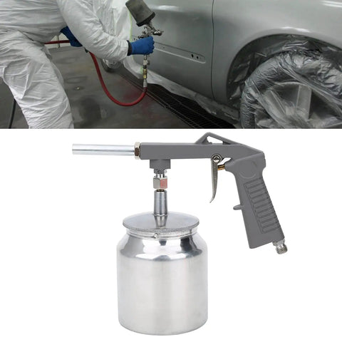 No Sweat Pneumatic Spray Gun Heavy Duty Die Cast Aluminum Cup Zero Hand Fatigue Grip Handle for automotive rust protection.