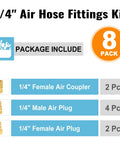 Eight Pack One Quarter Inch NPT Air Fittings Kit With Solid Brass Quick Connect Couplers for air hoses overview.