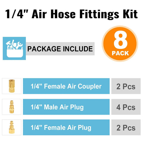Eight Pack One Quarter Inch NPT Air Fittings Kit With Solid Brass Quick Connect Couplers for air hoses overview.