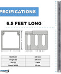 Specifications for Open Slot Cable Raceway Kit 4x4 Inch Wire Duct Set 6.5 Ft Long 8 Pack, showing dimensions and gray PVC material.