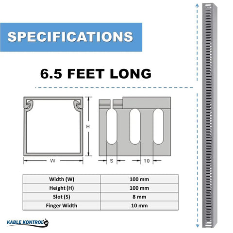Specifications for Open Slot Cable Raceway Kit 4x4 Inch Wire Duct Set 6.5 Ft Long 8 Pack, showing dimensions and gray PVC material.