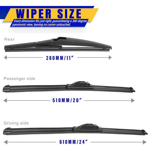 Kia Sorento Soul Soul EV Wiper Blades Set of 3 24 Inch 20 Inch 11 Inch U J Hook Front OE Replacement size guide