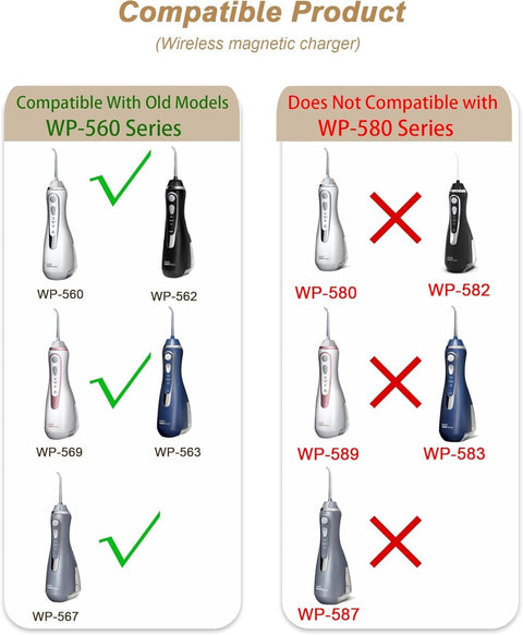 Compatibility chart for Replacement Magnetic Charging Cord For Water Flosser WP 560 562 563 567 569 Not For WP 580 Series