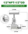 Front view of 1/2 in NPT female x 1/2 in tube OD stainless steel compression needle valve for flow control