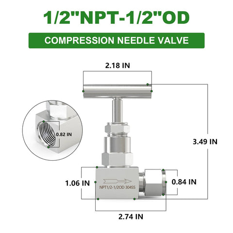 Front view of 1/2 in NPT female x 1/2 in tube OD stainless steel compression needle valve for flow control