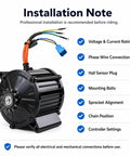 Beefed Up Replacement Electric Dirt Bike Motor And Ebike Drive Unit Built For Heavy Off Road Riding Compatible With IN 10 Models showing installation notes.
