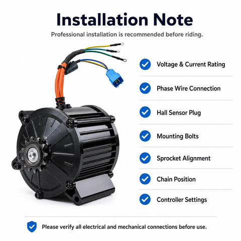Beefed Up Replacement Electric Dirt Bike Motor And Ebike Drive Unit Built For Heavy Off Road Riding Compatible With IN 10 Models showing installation notes.