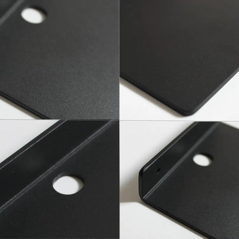 Close-up of Straight Fire Black Metal Floating Wall Shelf for Echo Dot showing smooth finish, center hole for cord routing.