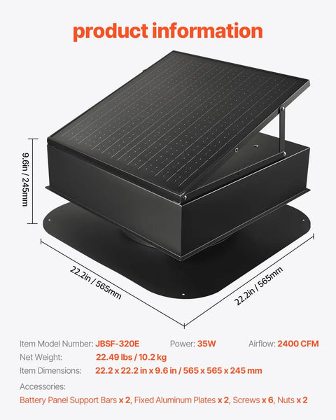 35W Solar Attic Fan With Auto Temp Control, 2400 CFM, weatherproof low-noise ventilation unit on white background