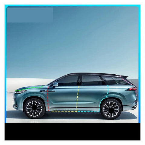 Side view of a JAECOO J8 2024 with highlighted areas for Door Seal Strip Kit for Cars, Dustproof Edge Guard and Quiet Close Trim installation.