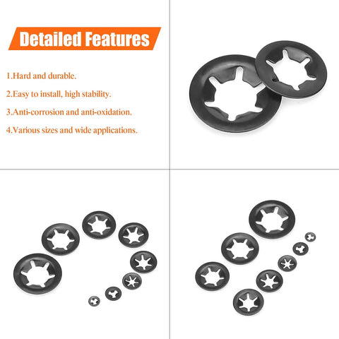 Solid As A Rock Star Lock Washers And Speed Clip Hardware Assortment Kit With M3 To M12 Steel Fasteners showing assorted black internal tooth lock washers.
