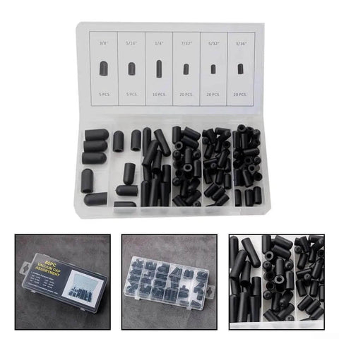 80 Piece Rubber Vacuum Line Cap Assortment Kit For Carburetor And Engine Manifolds With 6 Sizes Including 5/32 Inch To 3/8 Inch Great For Tight Seals And Fast Auto Repairs Under the Hood. Assorted black rubber caps in labeled storage case