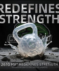 Graphic of a 2610 PSI kettlebell shattering the ground, symbolizing glue strength, with text 'REDEFINES STRENGTH'