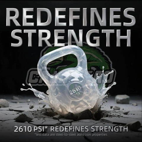 Graphic of a 2610 PSI kettlebell shattering the ground, symbolizing glue strength, with text 'REDEFINES STRENGTH'