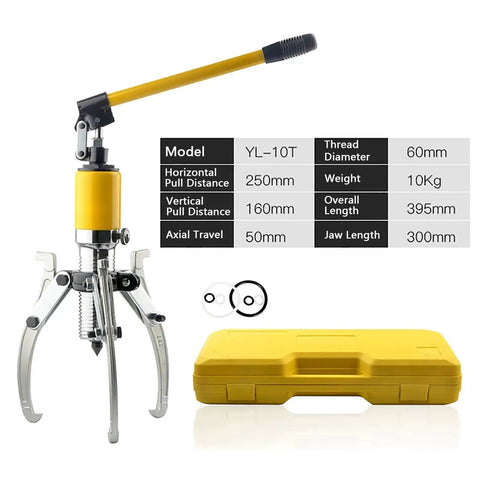 Heavy Duty Hydraulic Bearing Puller Kit Handles Hubs Gears Pulleys From Shafts Using 2 Or 3 Jaw Options For Max Grip While Doing Vertical And Horizontal Jobs Comes With Storage Case Making Job Easier For You Pro Mechanic Working Today Right Now. 10kg kit with yellow case and 3-jaw puller