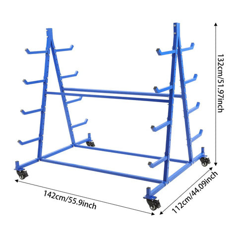 Rugged Heavy Duty Horizontal Storage Rack With Wheels Five Tier Mobile Pipe Cart 500 Lbs Capacity Rolling Steel Shelf Unit Built Like A Tank For Garage Warehouse Blue, shown from the side with measurements.