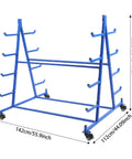 Badass Heavy Duty Lumber Rack Rolling Five Tier Pipe Holder Steel Mobile Cart Handles Five Hundred Pounds blue iron frame on wheels