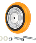 Rock Solid Heavy Duty Industrial Caster Wheel Replacement Featuring Eight Inch Rolling Thru Axle Design and Five Eighth Inch Mounting Bore with orange PVC tread.