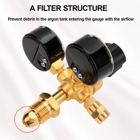 Side view of Tutor Auto argon CO2 welding gas regulator with dual gauges and brass body