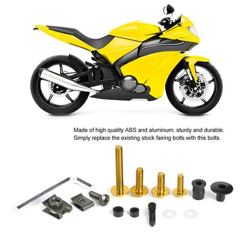 Universal 223-Piece Motorcycle Fairing Bolts Kit With Windscreen Screws And Nuts, Aluminum ABS Bodywork Hardware, Gold, shown with yellow motorcycle