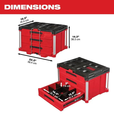 Image showing dimensions of Three Drawer Tool Box With Locking Security Bar For Secure Closure Metal Ball Bearing Drawer Slides Heavy Duty.