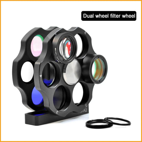 Dual-Wheel 1-Inch Filter Wheel with SM1 Threaded Interface, showing 6-position filter holder and coaxial design for telescopes