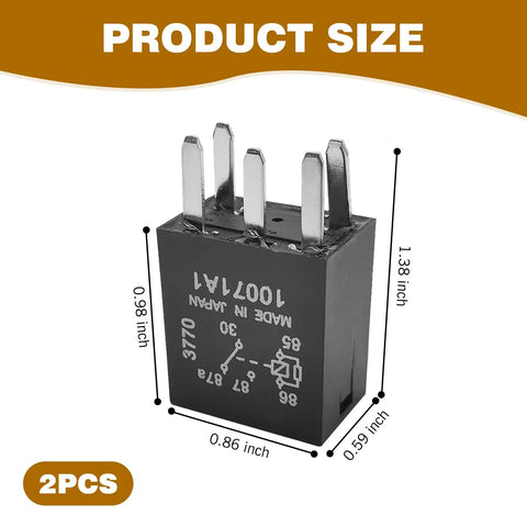 Two Piece Fuel Pump Relay Set Featuring Heavy Duty 12 Volt 30 Amp Wiring With IP67 Rugged Build, measurements shown.