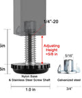 Diagram of Stainless Steel 1/4-20 Threaded Furniture Leveling Feet with measurements and nylon base for adjustable height.