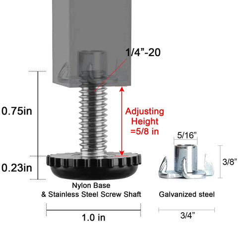 Diagram of Stainless Steel 1/4-20 Threaded Furniture Leveling Feet with measurements and nylon base for adjustable height.