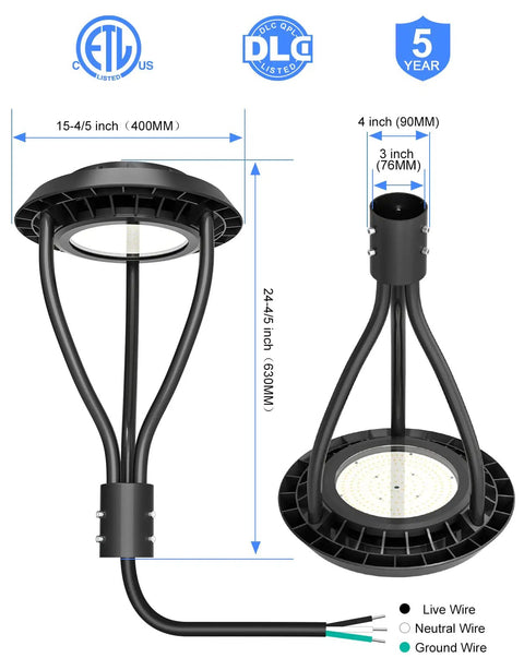 Adjustable 60W LED Post Top Light With 36W 48W 60W Wattage, 8400 Lumens, IP65 Outdoor Pole Mount, detailed view, measurements.