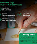 Close-up of PRO-FIX Long Cure Golf Epoxy application with hand mixing epoxy for golf club assembly, highlighting work life and full set assembly.