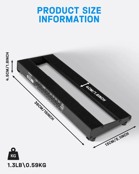 Guitar Pedalboard With Built In Power Supply, Compact 15 By 5.1 Inch Aluminum Pedal Board dimensions and weight display.