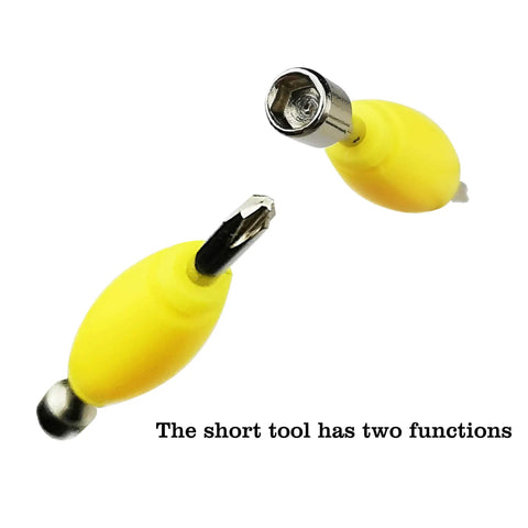 Yellow dual function tool from Fingerboard Maintenance Kit With Long Screwdriver And Dual Function Tool 8 Screws And 4 Nuts For Deck And Truck Mounting Ideal Skateboard Tool Set For DIY Fixes And Quick Wheel Nut Adjustments.