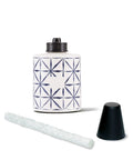 Tie Dye Glass Tabletop Torches 3 Pack For Outdoor Patio, Backyard And Garden Lighting, bottled torch with fiberglass wick and metal snuffer in blue geometric pattern.