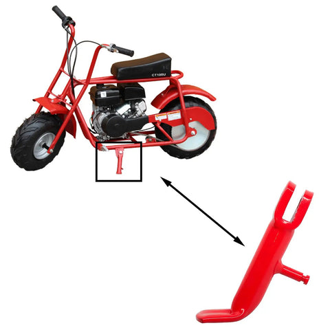 Spring Loaded Kickstand For Coleman CT100U CC100X Baja DB30 Doodle Bug Mini Bikes With Red Finish, shown detached and installed