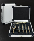Step Drill Bit Set 5 Piece With 50 Sizes For Metal Aluminum Wood And Plastic HSS Titanium Coated Tri Flat Shank Center Punch Includes Aluminum Case Pro Edge Technology in open aluminum case showing bits inside.