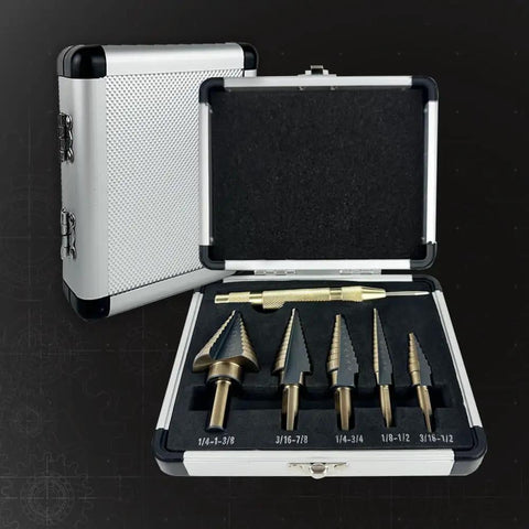 Step Drill Bit Set 5 Piece With 50 Sizes For Metal Aluminum Wood And Plastic HSS Titanium Coated Tri Flat Shank Center Punch Includes Aluminum Case Pro Edge Technology in open aluminum case showing bits inside.