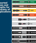 Front view of Bosch 2 in. impact bit set with assorted bit types including slotted, Phillips, Torx, hex