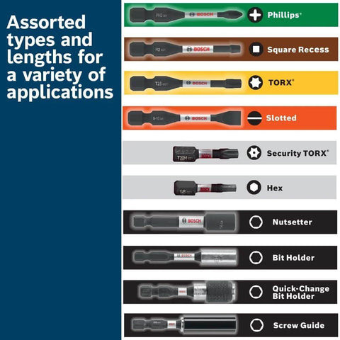 Front view of Bosch 2 in. impact bit set with assorted bit types including slotted, Phillips, Torx, hex