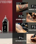 Wireless Tattoo Pen Kit For Beginners With 10 Tattoo Needles And 5 Ink Colors, showing tattoo modes and uses