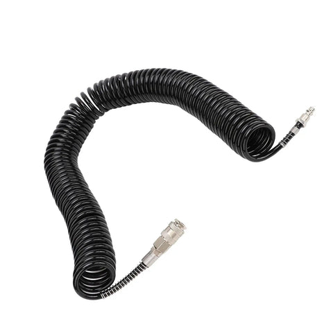Top Shelf Heavy Duty Retractable Air Hose Compressor Hookup With Kink Free Bend Limiter And Easy Self Rewind Reel For Tough Shop Projects And Fast Tire Inflation Plus Dang Near Indestructible Rubber Wrap, coiled black rubber hose with connectors.