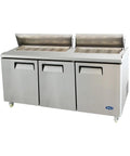 72 Inch Commercial Prep Table With Stainless Steel Mega Top Three Door Salad Sandwich Station Heavy Duty Workhorse with open stainless top.