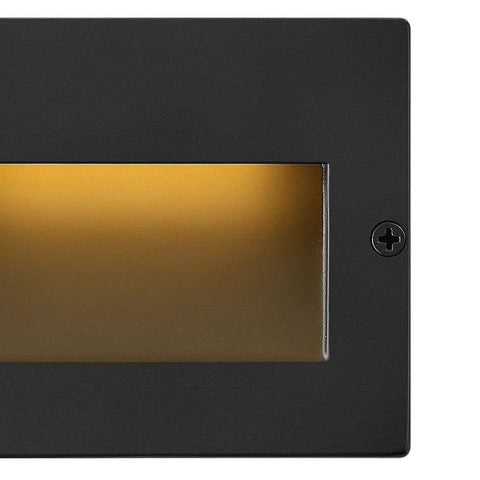 Close-up of 12V Integrated LED Horizontal Step Light With Recessed Mount, Etched Glass, Satin Black Finish, ADA Compliant Outdoor Stair And Deck Lighting, Aluminum Housing With Wiring Kit Included