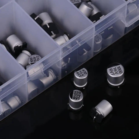 400 Pcs Electrolytic Capacitors Assortment Kit With 24 Values And 24 Types SMD Bypass Low Frequency Aluminum Caps Includes Storage Box 1uF To 1000uF Perfect For Hobbyists And Pro Electronics Repair shown with capacitors and storage box