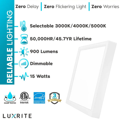 Square 6 Inch LED Flush Mount Ceiling Light Fixture 15W 3 Color Temp Switchable 3000K 4000K 5000K 900 Lumens Dimmable