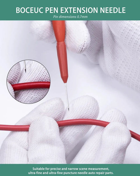 Close-up of a hand using a white glove holding a 0.7mm back probe pin testing a red wire for electrical diagnostics.