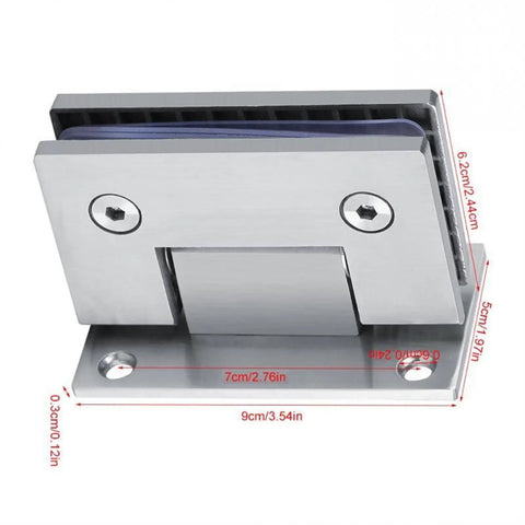 Stainless steel Soft Close Shower Door Hinges Set, 2 pack, 90 degree frameless glass clamp, wall mount, with dimensions shown.