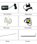 Top Tier Acrylic Heat Bender Boasting Water Cooled Angle Regulator For Smooth PVC Forming And Even Heat Spread Easy Setup Design showing digital thermometers, water pump, water pipes, thermostats, spring, and hex key.