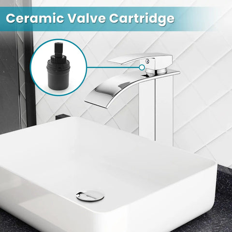 Waterfall Tall Bathroom Faucet 1 Hole Single Handle Vessel Sink Mixer Tap Stainless Steel With cUPC Hoses Modern Lavatory Chrome Faucet No Splash Sleek Modern Design For Minimalist Bathrooms with ceramic valve cartridge