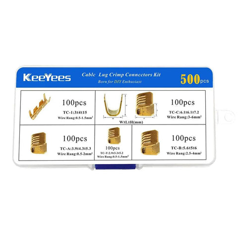 500 Pcs U Shape Copper Ring Terminals Crimp Kit Non Insulated Assortment with sizes TC-1 to TC-C in packaging